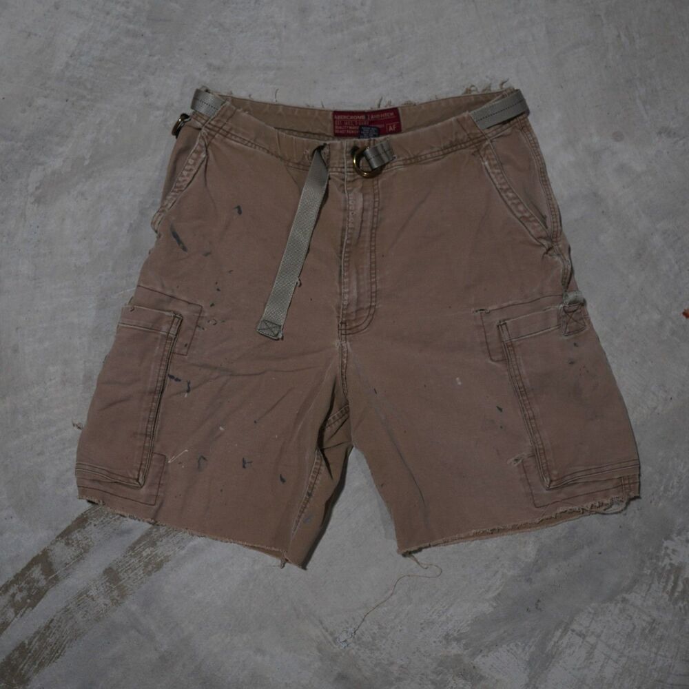 Y2K Abercrombie Fitch Cargo Shorts Mens 32 Khaki Distressed Paint Splatter